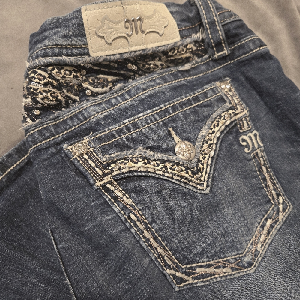 Miss Me Blue Denim Jeans with Cream Embroidery